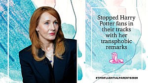 JK Rowling in a black suit and red lipstick beside the text 'stopped harry potter fans in their tracks with her transphobic remarks'