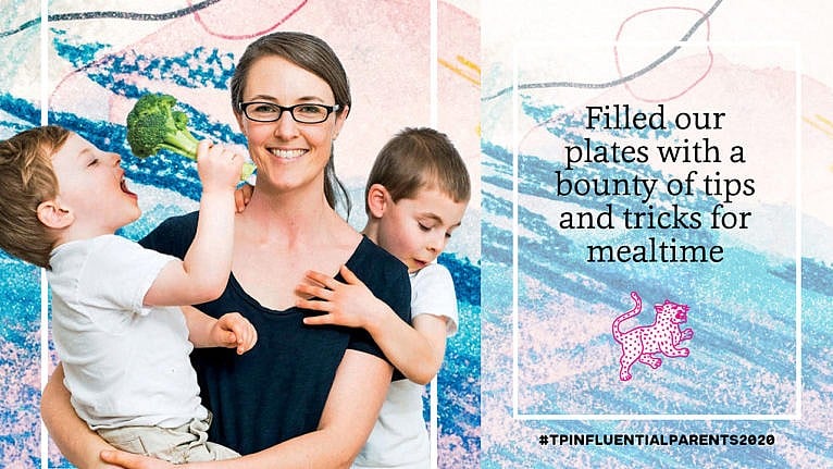 Jennifer Anderson of Kids.Eat.In.Color poses with her two young sons, one holding a piece of broccoli, beside the text 'filled our plates with a bounty of tips and tricks for mealtime'