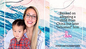 Myka Stauffer smiles with her adopted son on her lap beside the text 'banked on adopting a child from china but later 'rehomed' him'