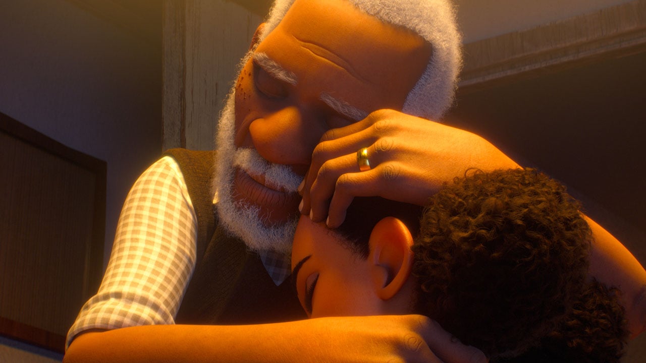 A still form Canvas showing a computer-animated Black grandparent hugging a younger relative