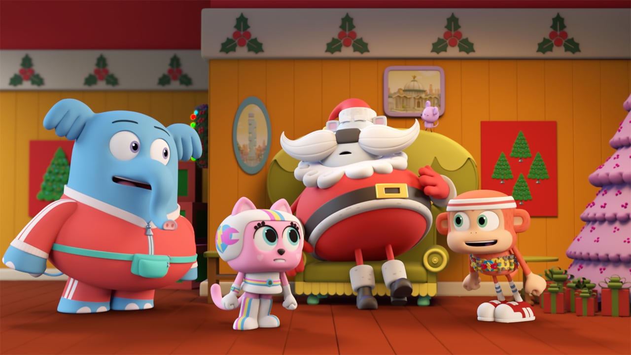 A still from Chico Bon Bon and the Very Berry Holiday showing a team of super heros standing in a living room while Santa sleeps in an armchair