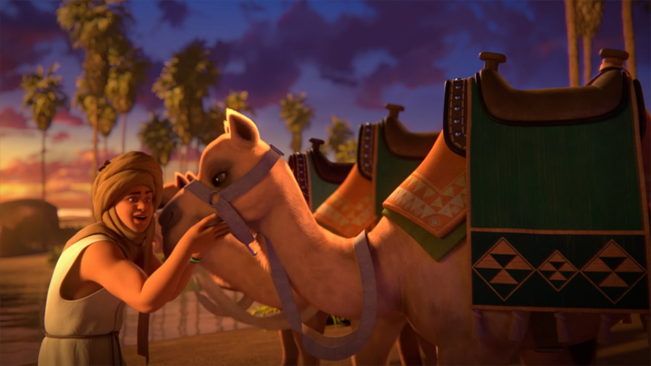 A still from Fast & Furious Spy Racers, Season 3: Sahara showing an animated person petting a camel wearing a saddle