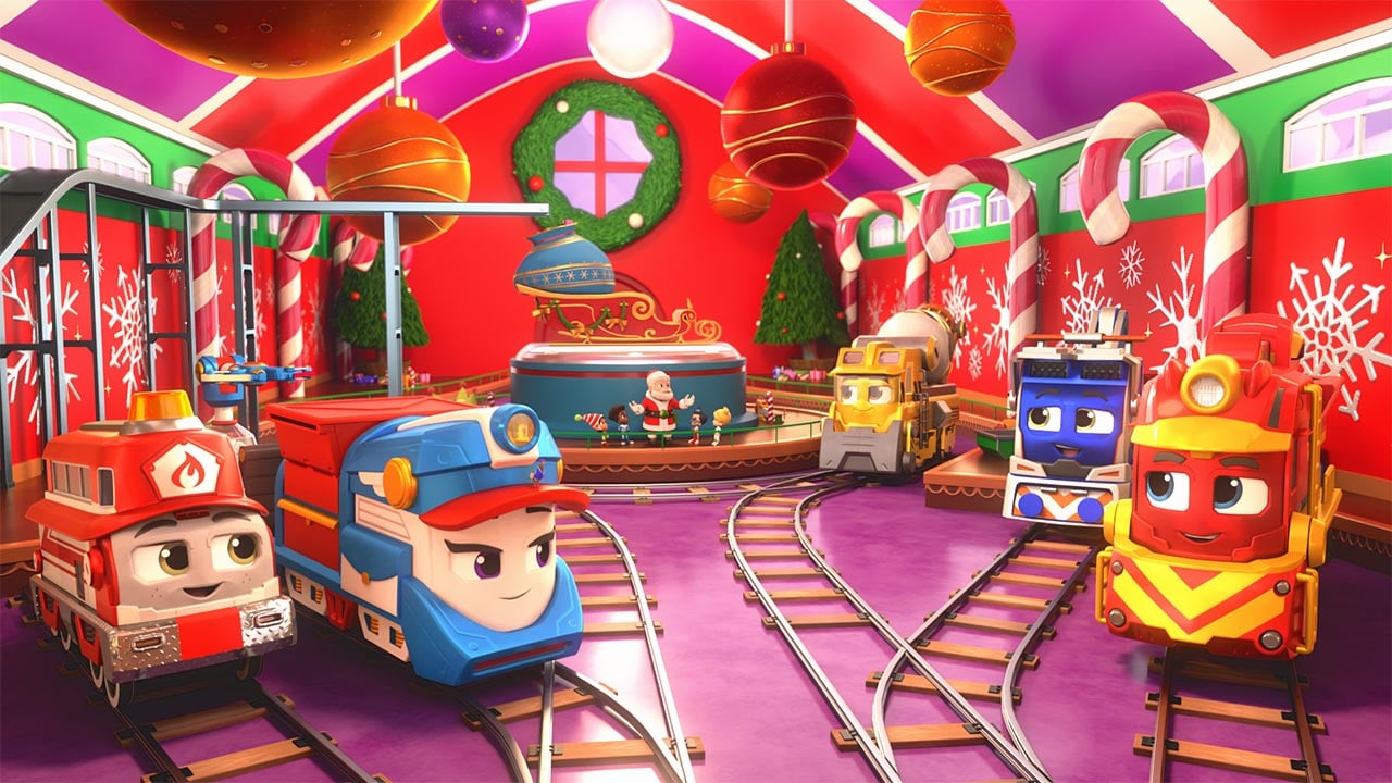 A still from Mighty Express: A Mighty Christmas showing a group of animated trains listening to Santa