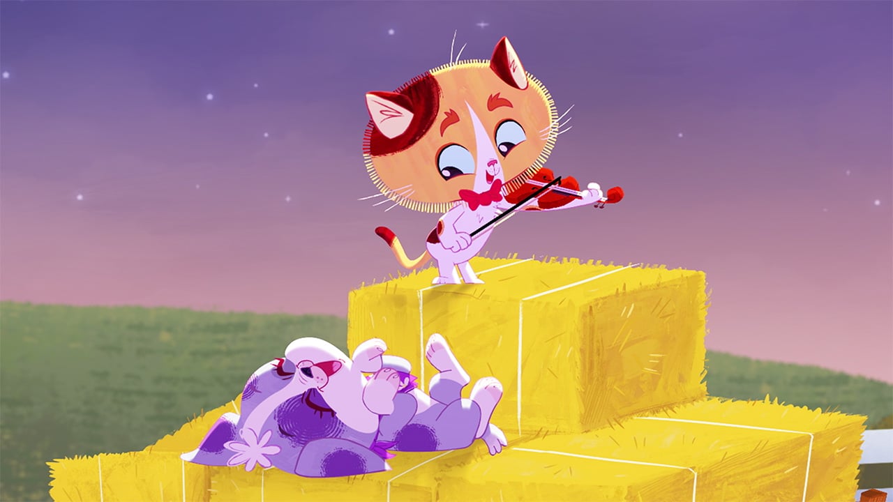 A still from Rhyme Time Town Singalongs showing an animated cat playing the fiddle on a stack of hay bales while a purple puppy relaxes nearby