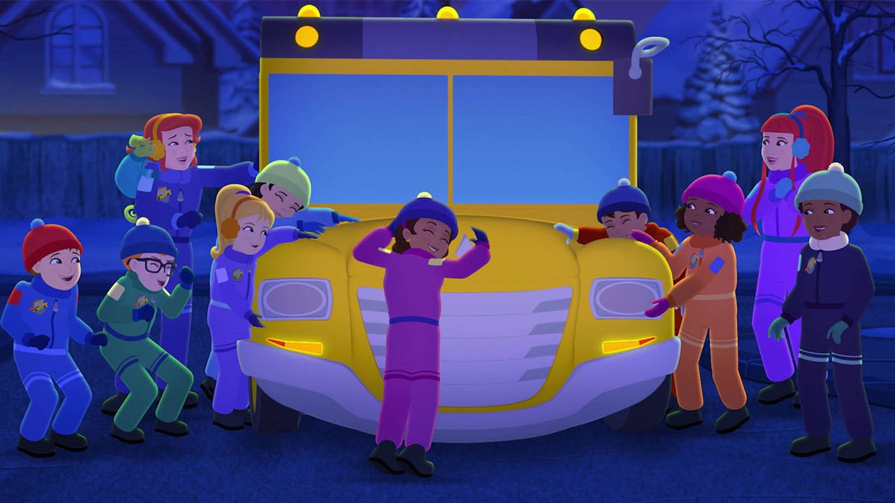 A still fromThe Magic School Bus Rides Again In the Zone showing a group of anitmated students and two teachers hugging a school bus