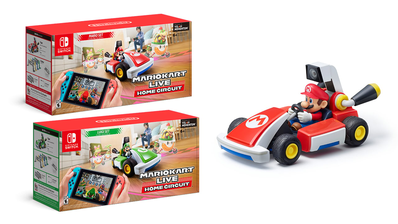 Boxes of Nintendo's Mario Kart Live: Home Circuit with Mario racecar beside it