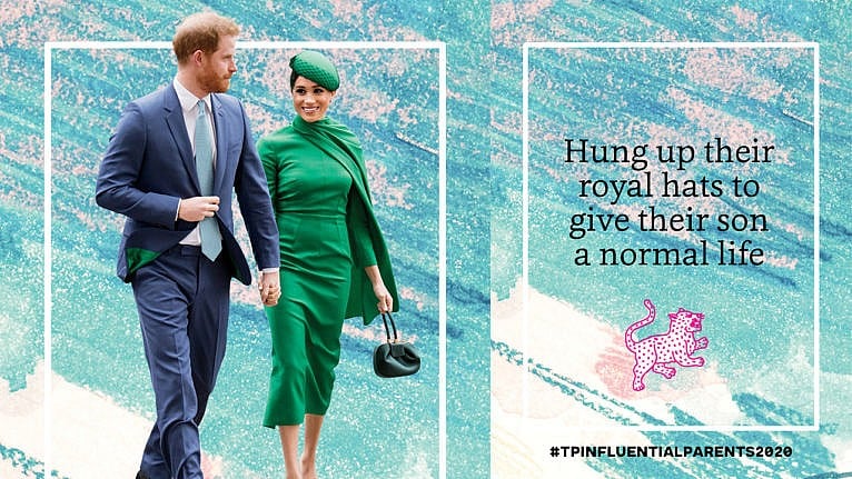 Prince Harry wears a blue suit holding hands with Meghan Markle in a green caped dress and hat beside the text 'hung up their royal hats to give their son a normal life'