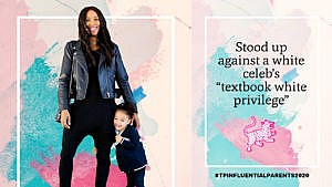Sasha Exeter wears a black jumpsuit and leather jacket while her young daughter clutches her leg beside the copy 'stoop up against a white celeb's 'textbook white privilege'