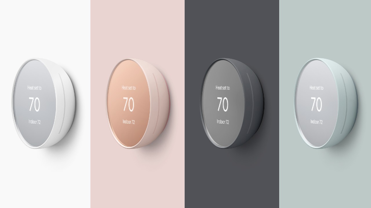 different coloured thermostats on matching backgrounds