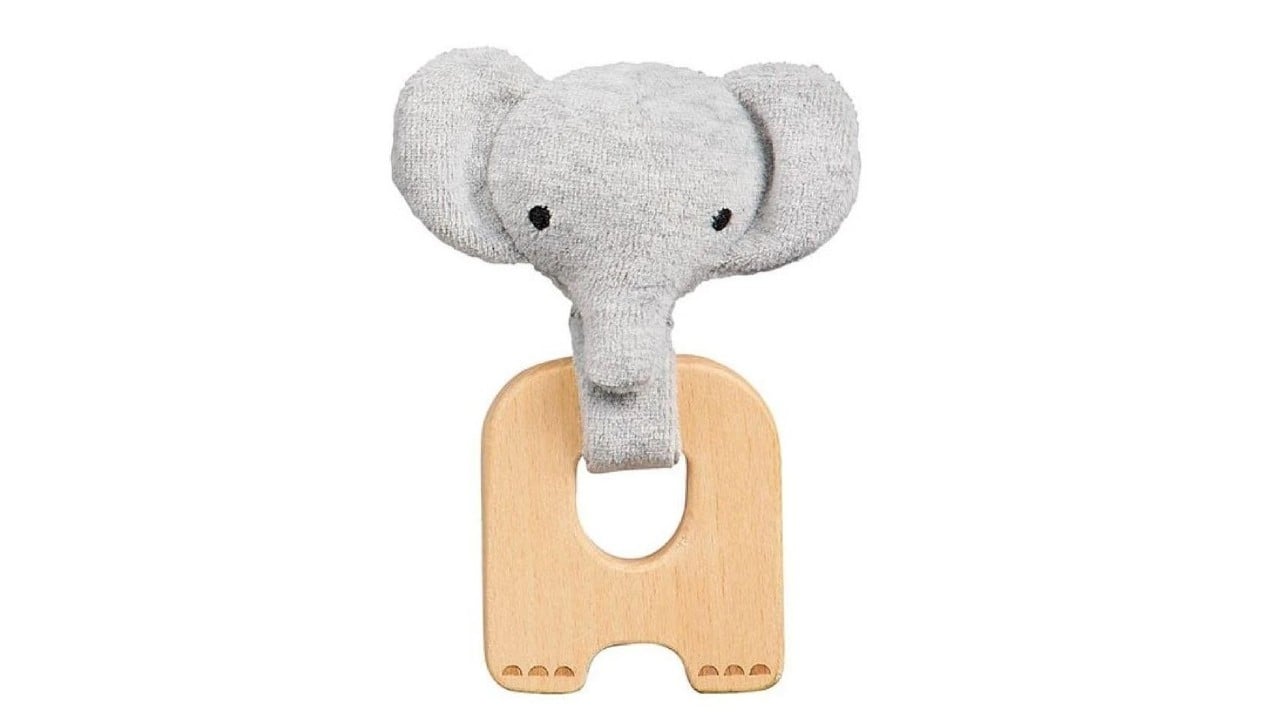 wood and plush elephant teether for babies