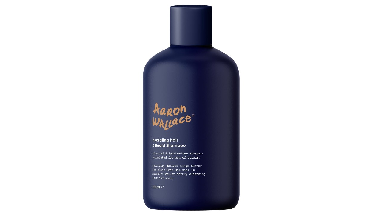 blue bottle of hair and beard shampoo for textured hair