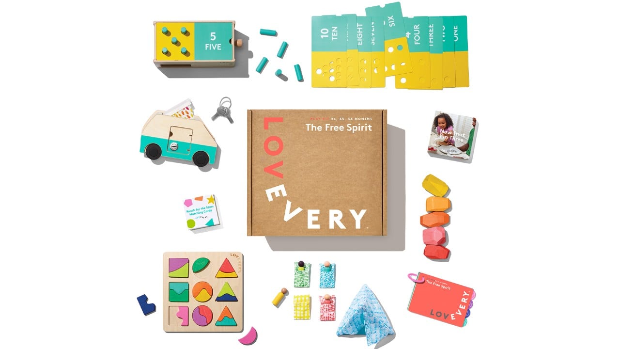 flat lay of items in subscription box for toddlers