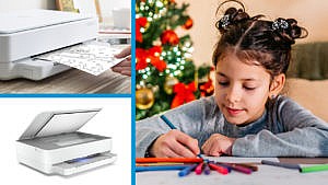 collage of photos: printer scanner, young girl drawing with colouring pencils