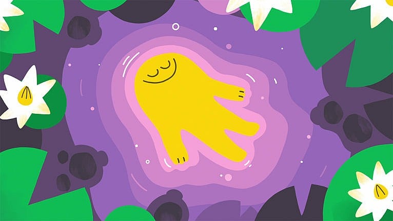 a still from the show Headspace Guide to Meditation showing a yellow humanoid blob smiling while floating on its back in purple liquid amongst giant lily pads