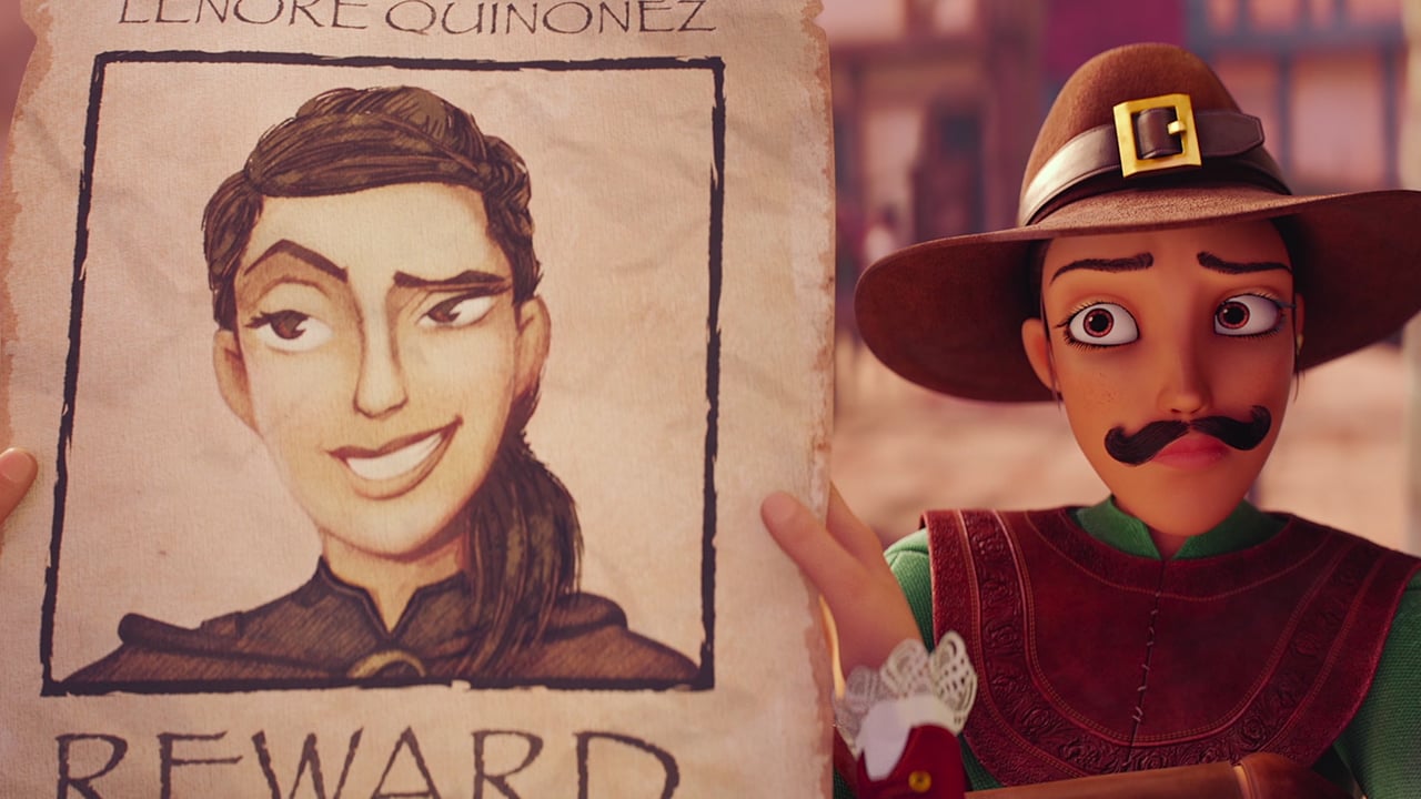 A still from the animated movie Charming showing a hand holding up a medieval wanted poster of a person with long hair comparing it to a person who is obviously wearing a disguise