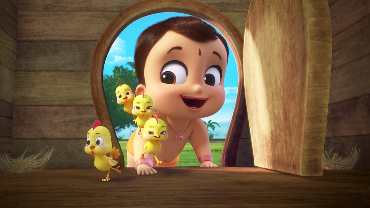 A still from the anitmated show Mighty Little Bheem showing a baby crawling into a chicken coop with four baby chicks