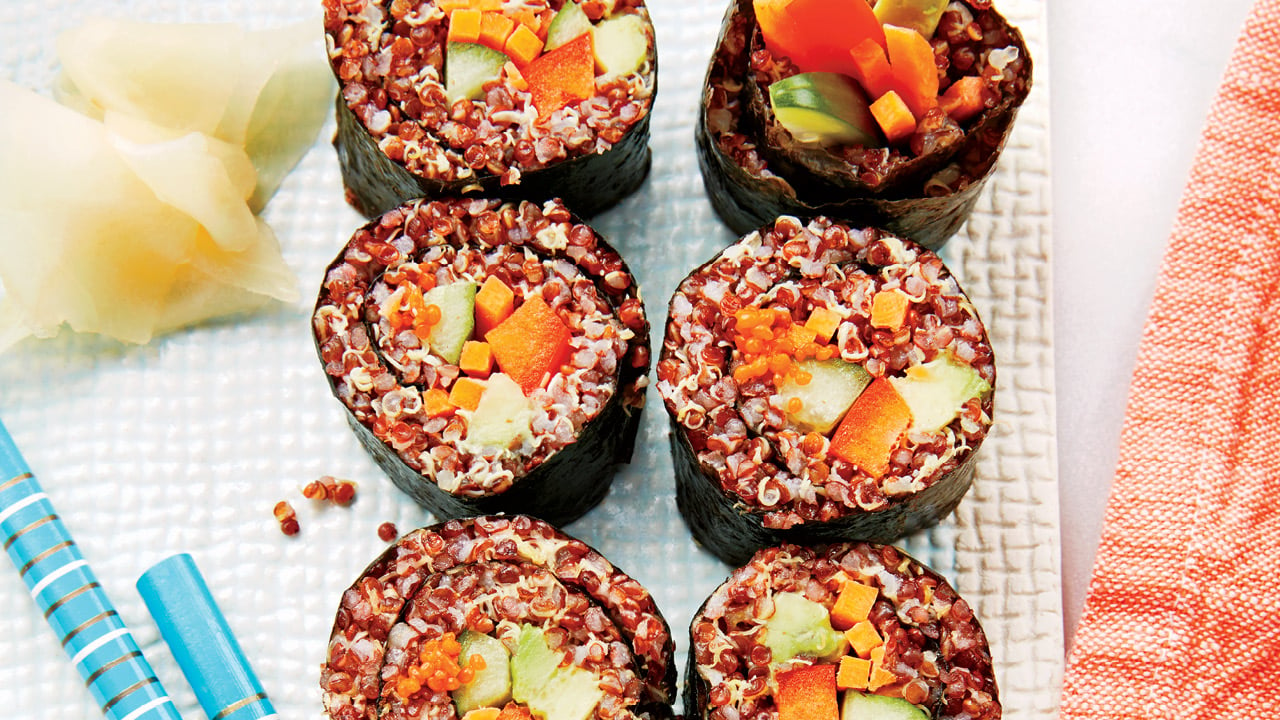 sushi rolls made with tri-coloured quinoa