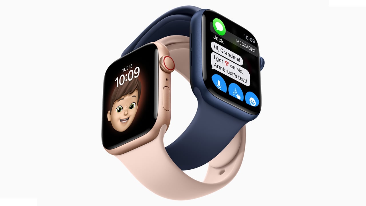 Two Apple Watches strapped together, one showing a bitmoji of a little boy and the other showing text messages between a boy and his grandma