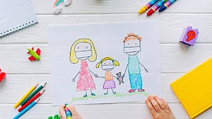a drawing of a family holding hands wearing masks for a story on helping kids to use art to express feelings about the pandemic