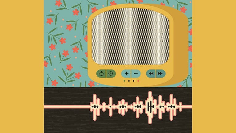 an illustration of a mustard yellow sound machine and a soudnwave bar for a story on whether white noise is safe