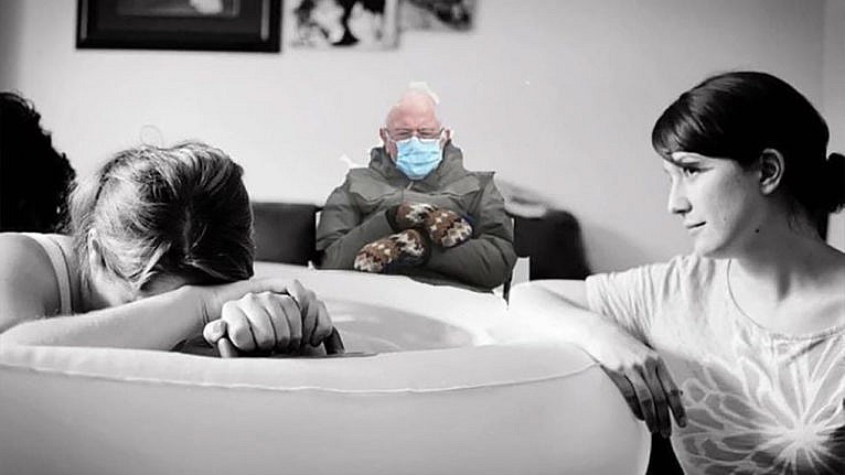 Bernie Sanders photoshopped into a meme where he's sitting on the sidelines during a water birth