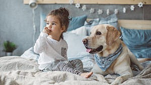 Photo of a kid and a dog sitting in a bed