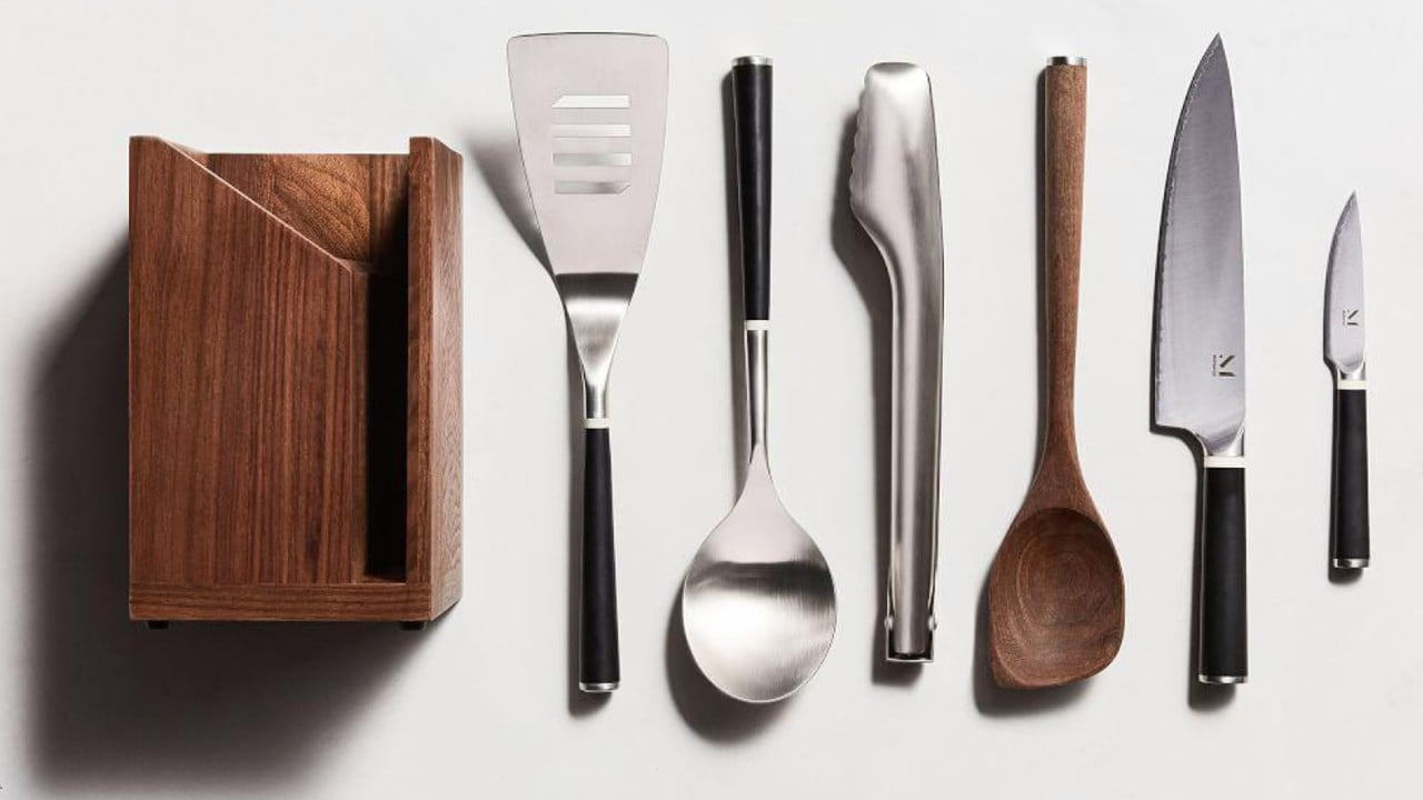 sleek kitchen utensil set in walnut and black
