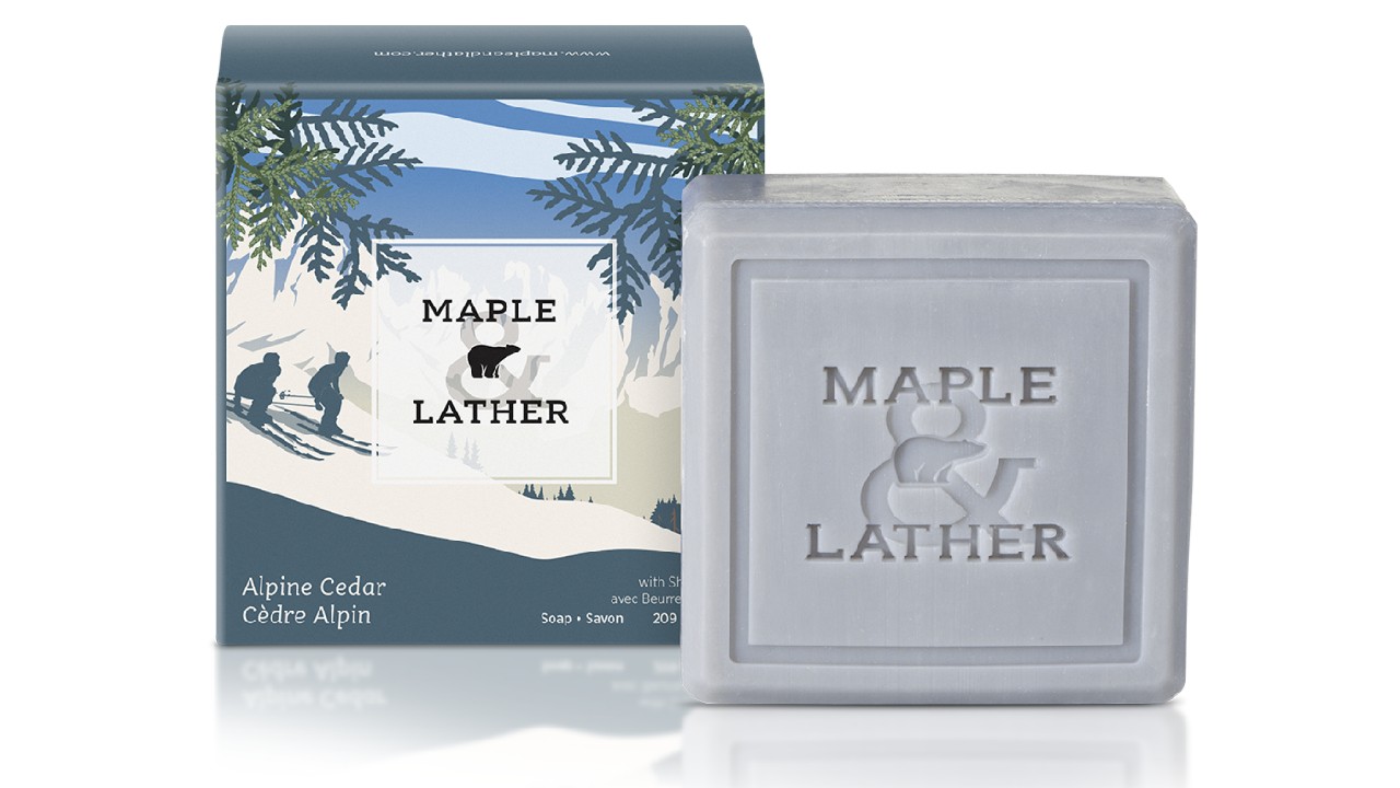 pale blue square of soap in alpine cedar scent