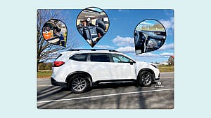 a white suv driving in the country with annotated bubbles showing cargo space, interior, car seats, entertainment tech and safety systems for a story on how to buy a family car