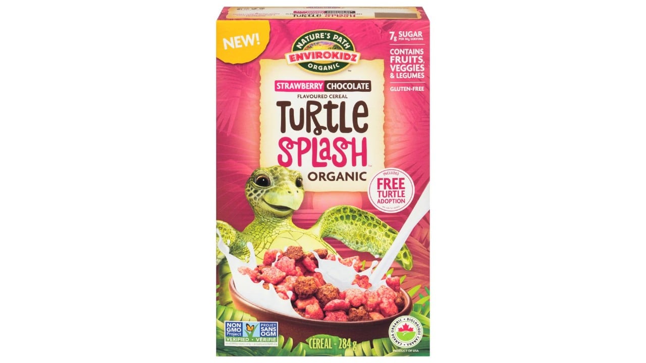 colourful box of cereal featuring a sea turtle