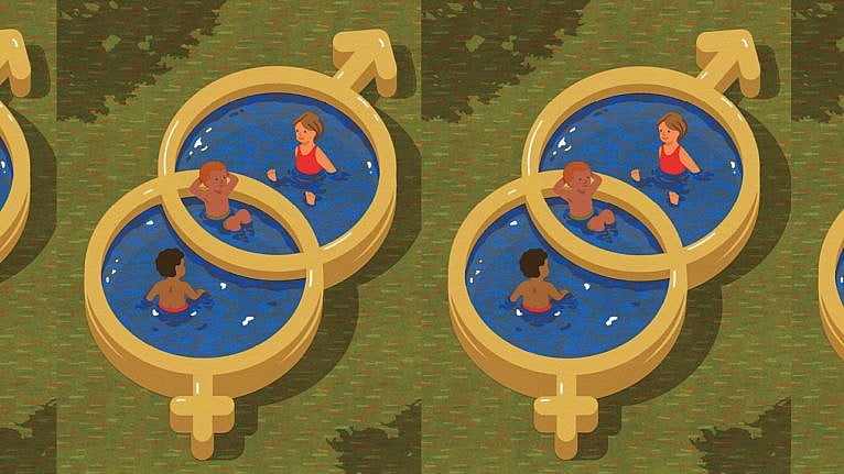 Illustration of kids sitting in a blowup pool made to look like a Venn diagram of overlapping symbols for male and female. One kid is sitting in the male side, one in the female and on in the middle.
