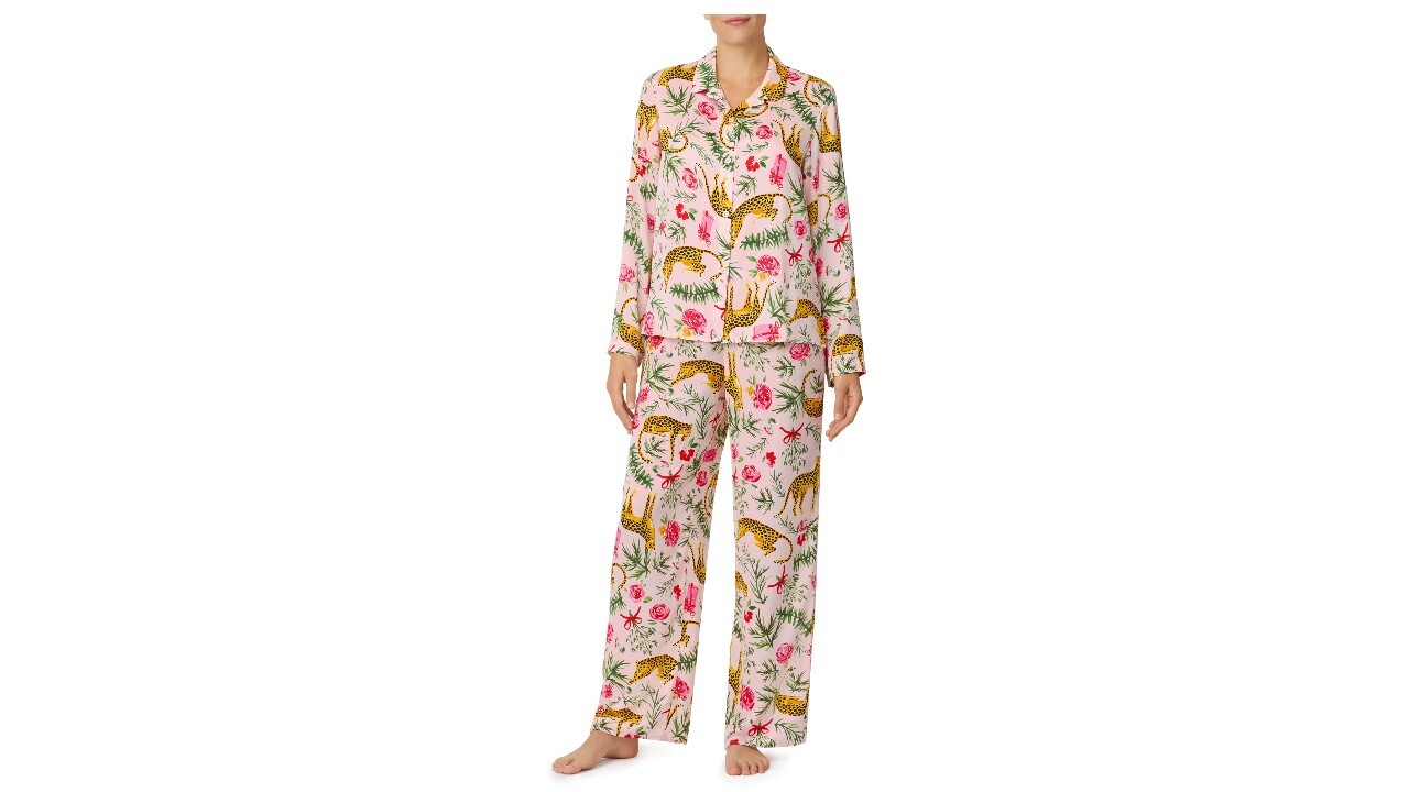 Two-piece set up button-up pink pajamas with cheetah and floral print