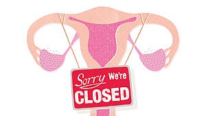illustration of a uterus with Sorry, we're closed sign hung up on it