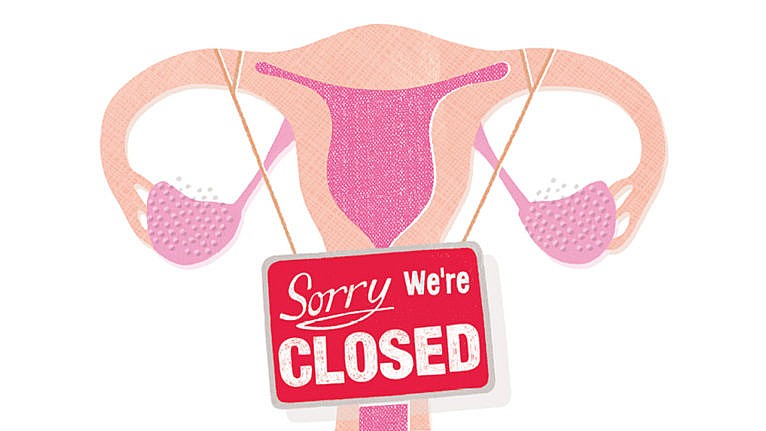 illustration of a uterus with Sorry, we're closed sign hung up on it