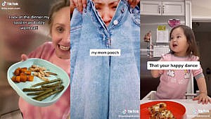 A triptych showing screenshots from three different tiktok videos. One shows a woman holding up a plate of food captioned "Look at the dinner my toddler probably won't eat!" the next shows a mom pretending to be her stomach but wrapping her jeans around her face and the third shows a little girl eating pizza