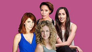 Workin' Moms stars Dani Kind, Jessalyn Wanlim, Juno Rinaldi and Catherine Reitman against a pink background