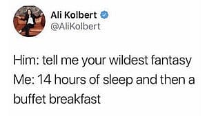 A tweet by Ali Kolbert that says 'Him: tell me your wildest fantasy, me: 14 hours of sleep and a buffet breakfast' for a story on valentine's day memes for parents