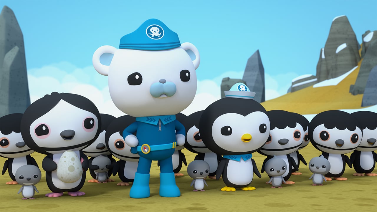 Still from the show Octonauts and the Ring of Fire showing an animated polar bear surrounded by penguins looking worried