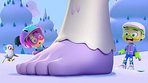 Still from the show Starbeam showing two animated kids looking shocked at a giant foot belonging to a yeti