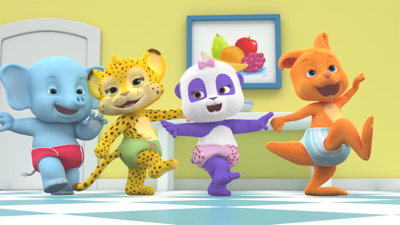 Still from the show Word Party showing four animate animals dancing in a living room