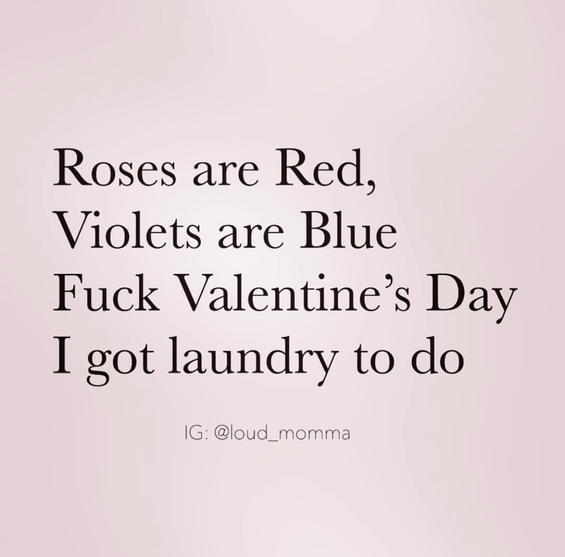 a meme with a pink background that says "Roses are red, violets are blue, fuck valentine's day, I've got laundry to do"