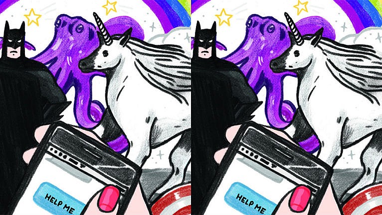 Illustration of a mom texting help me on her phone while a unicorn octopus and batman play in the background