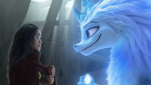animated still from Raya and the Last Dragon showing Raya facing off with a dragon named Sisu