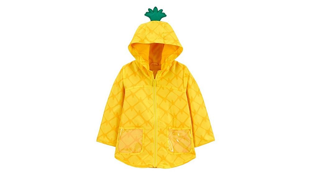 Yellow pineapple themed raincoat with green leaf-shaped cutout on the hood