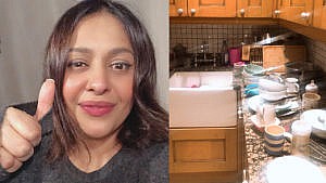 a mom gives a thumbs up beside a photo of a kitchen piled with dirty dishes