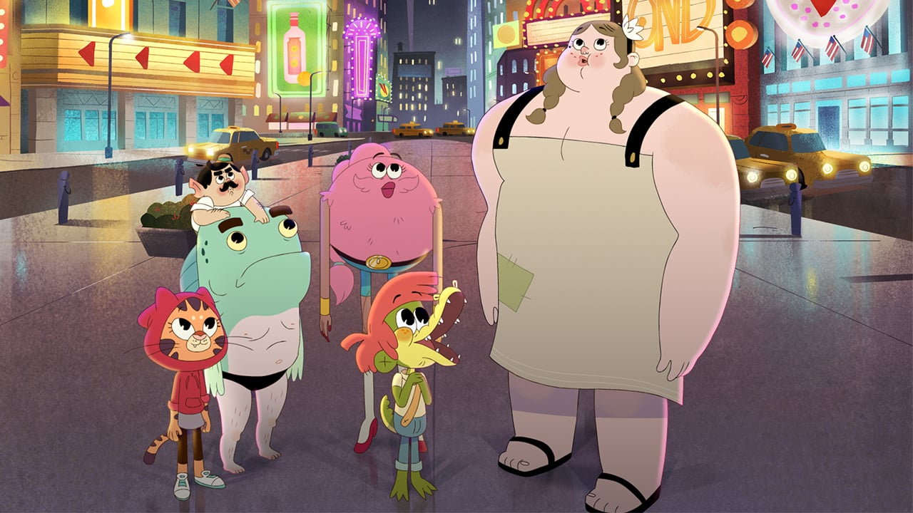 Still from Arlo the Alligator Boy showing a group of anthropomorphic animals standing in Times Square