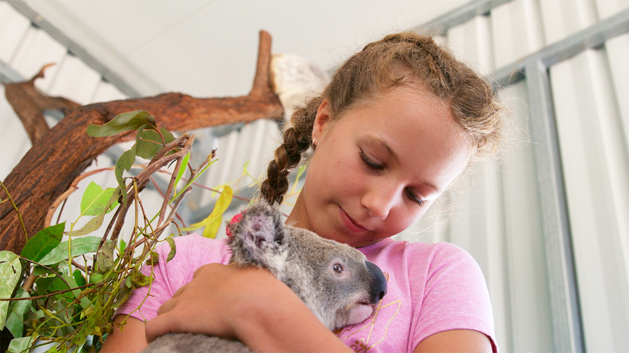 Still from Izzy's Koala World showing a young kid holding a koala