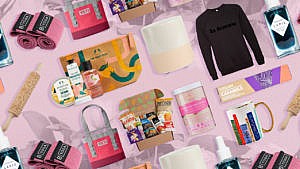 A layout of products for mother's day on a faint floral background