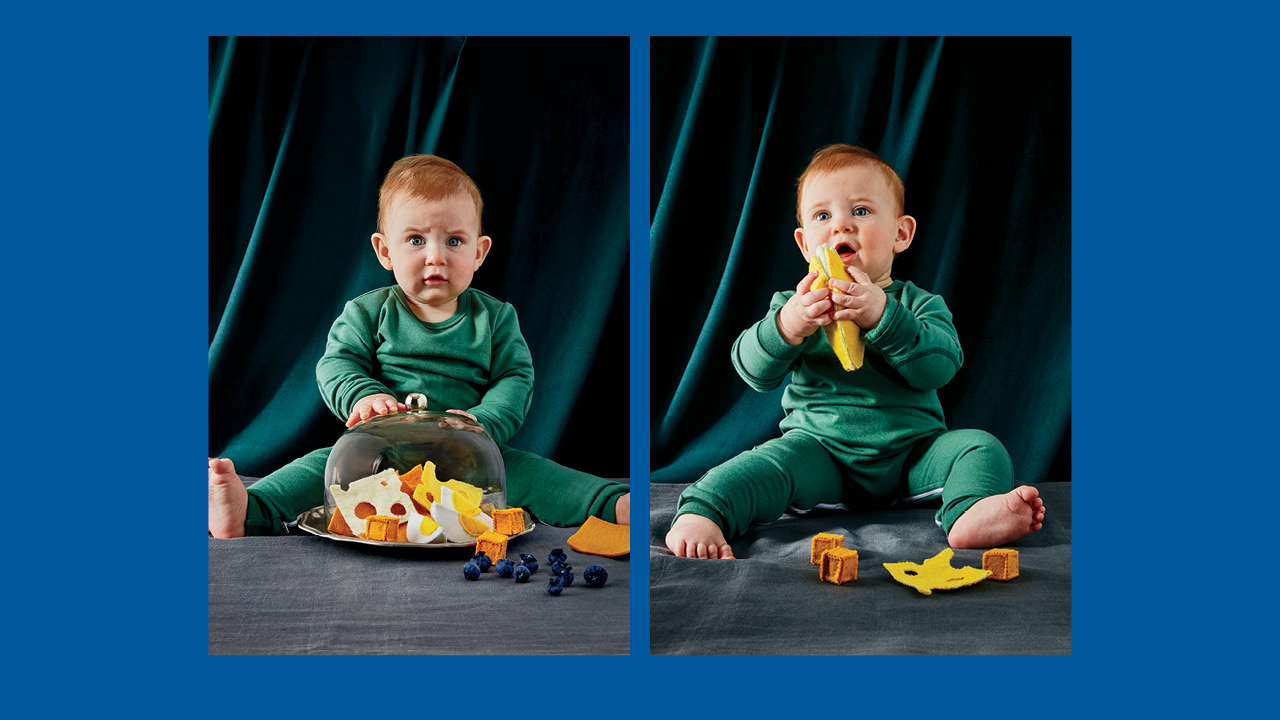 Two photos of a baby sitting with a plate of felt food looking unsure for a guide to feeding your kids