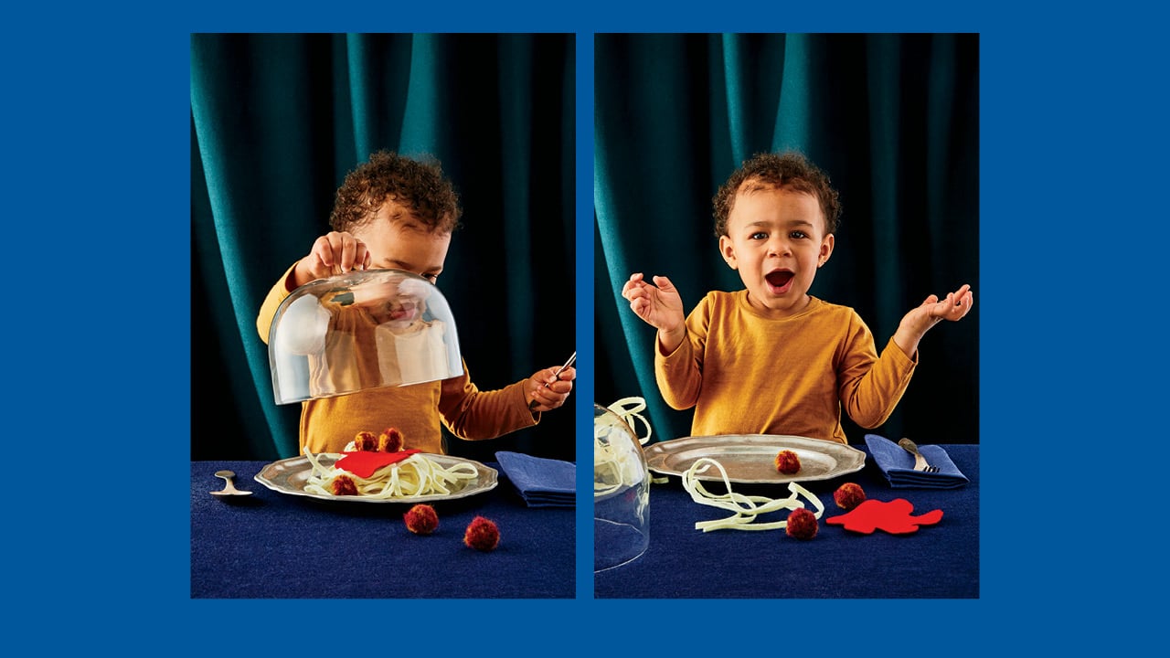 Two photos of a toddler sitting with a plate of felt food looking curious and excited for a guide to feeding your kids